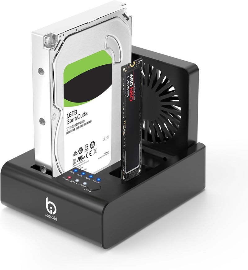 xiaobi M.2 NVMe & SATA HDD Docking Station,10Gbps USB3.2 Gen2 SSD Cloner for M.2 NVMe SSD + SATA 2.5”/3.5” HDD Converter, Offline Cloning, Tool-Free, Cooling Fan - Image 1